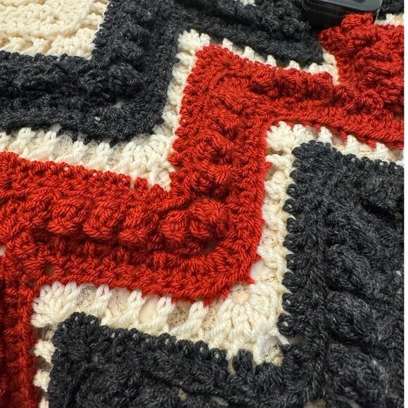 Knitted afghan crochet chevron throw blanket homemade 77” x 52” red cream blue - Picture 5 of 7